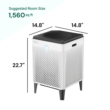 Air purifier with dimensions labeled on a white background
