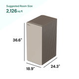 Air purifier with dimensions and suggested room size on a white background