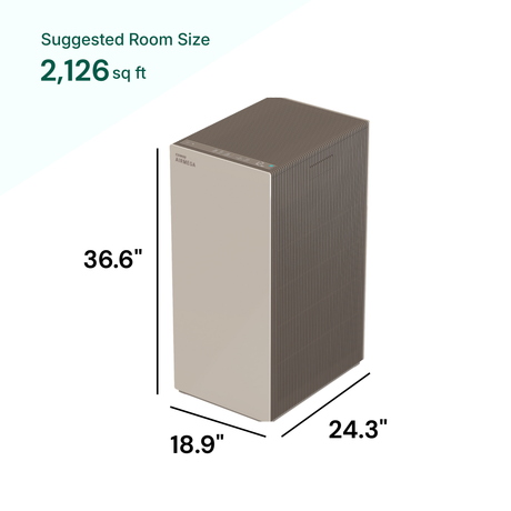 Air purifier with dimensions and suggested room size on a white background