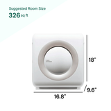 Air purifier with dimensions and suggested room size on a white background
