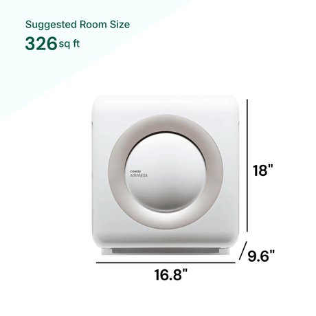 Air purifier with dimensions and suggested room size on a white background