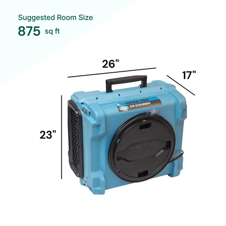 Blue air scrubber with dimensions and suggested room size on a white background