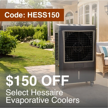 A gray and black Hessaire evaporative cooler standing outdoors on a patio in front of a house and green lawn. Promotional text overlays read 'Code: HESS150', '$150 OFF', and 'Select Hessaire Evaporative Coolers'.