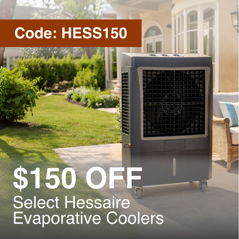 A gray Hessaire evaporative cooler with a black front grille and caster wheels, shown outdoors on a patio next to a house and garden. Promotional text overlays read 'Code: HESS150', '$150 OFF', and 'Select HESSAire Evaporative Coolers'.