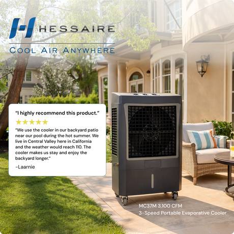 A portable evaporative cooler by Hessaire is shown outdoors on a patio next to a pool area, with a grassy lawn, patio furniture, and a large review box on left: I highly recommend this product.
We use the cooler in our backyard patio near our pool during the hot summer. We live in Central Valley here in California and the weather would reach 110. The cooler makes us stay and enjoy the backyard longer.
Laarnie