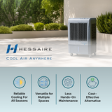 A HESSAIRE portable swamp cooler with wheels, set against a blurred outdoor patio background. The image includes marketing text and feature icons at the bottom for reliable cooling in all seasons, versatile use, less hands on maintenance and cost effectiveness.