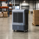 A gray Hessaire portable air conditioner with wheels, positioned on a concrete warehouse floor with shelves and stacked boxes in the background.