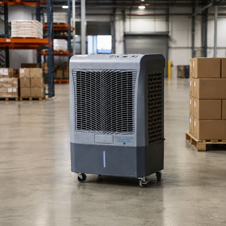A gray Hessaire portable air conditioner with wheels, positioned on a concrete warehouse floor with shelves and stacked boxes in the background.