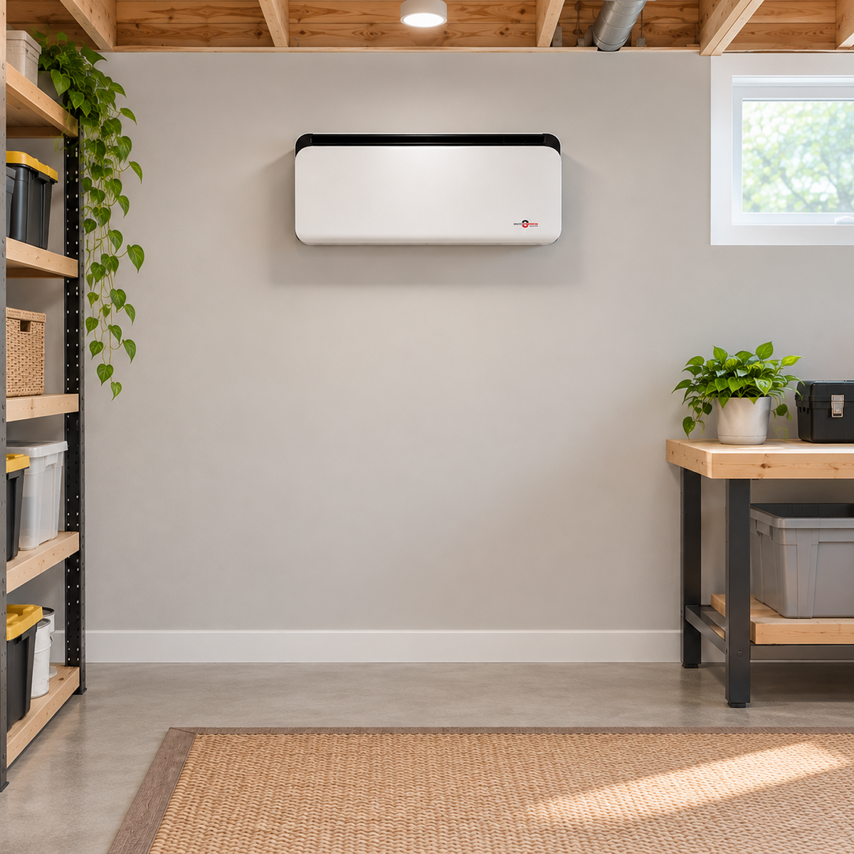 A white wall-mounted dehumidifier with a black top trim, installed on a light gray wall in a home office or garage setting with wooden ceiling beams, shelving, plants, and a workbench.