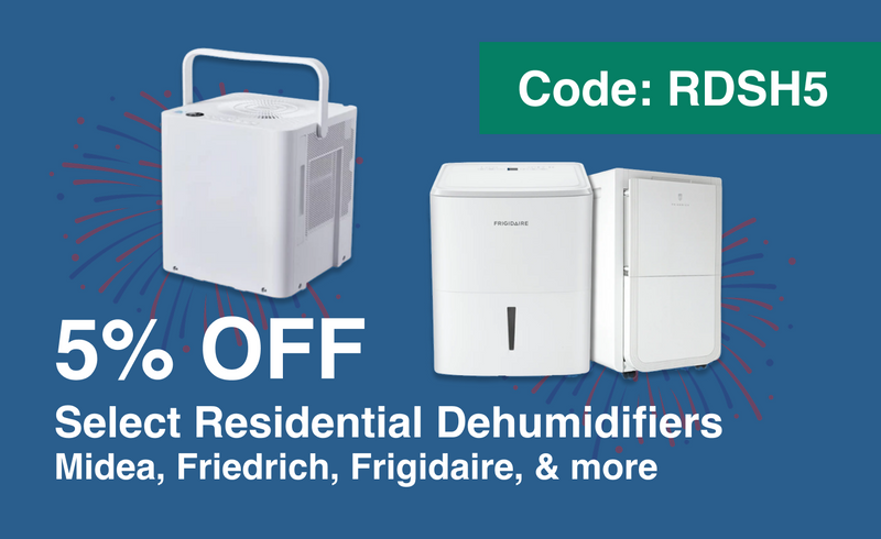 Promotional graphic for residential dehumidifiers with a 5% off discount and code RDSH5 on a blue background.
