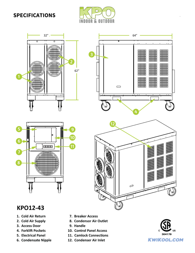 Technical specification diagram for the KwiKool 135,000 BTU 440-460V Indoor/Outdoor Commercial Portable AC KPO12-43 KPO indoor and outdoor heat pump, showing four line-art views with callout labels and a parts list on a white background.