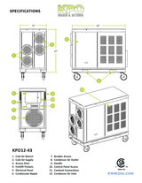Technical specification diagram for the KwiKool 135,000 BTU 440-460V Indoor/Outdoor Commercial Portable AC KPO12-43 KPO indoor and outdoor heat pump, showing four line-art views with callout labels and a parts list on a white background.