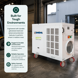 KwiKool 135,000 BTU 440-460V Indoor/Outdoor Commercial Portable AC on wheels with a side panel showing specifications, photographed in a warehouse setting. A tall white informational panel on the left reads 'Built for Tough Environments' with feature callouts.