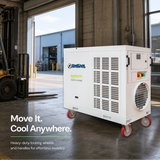 KwiKool 135,000 BTU 440-460V Indoor/Outdoor Commercial Portable AC on castor wheels positioned in a warehouse setting next to a forklift. The text overlay reads 'Move It. Cool anywhere"