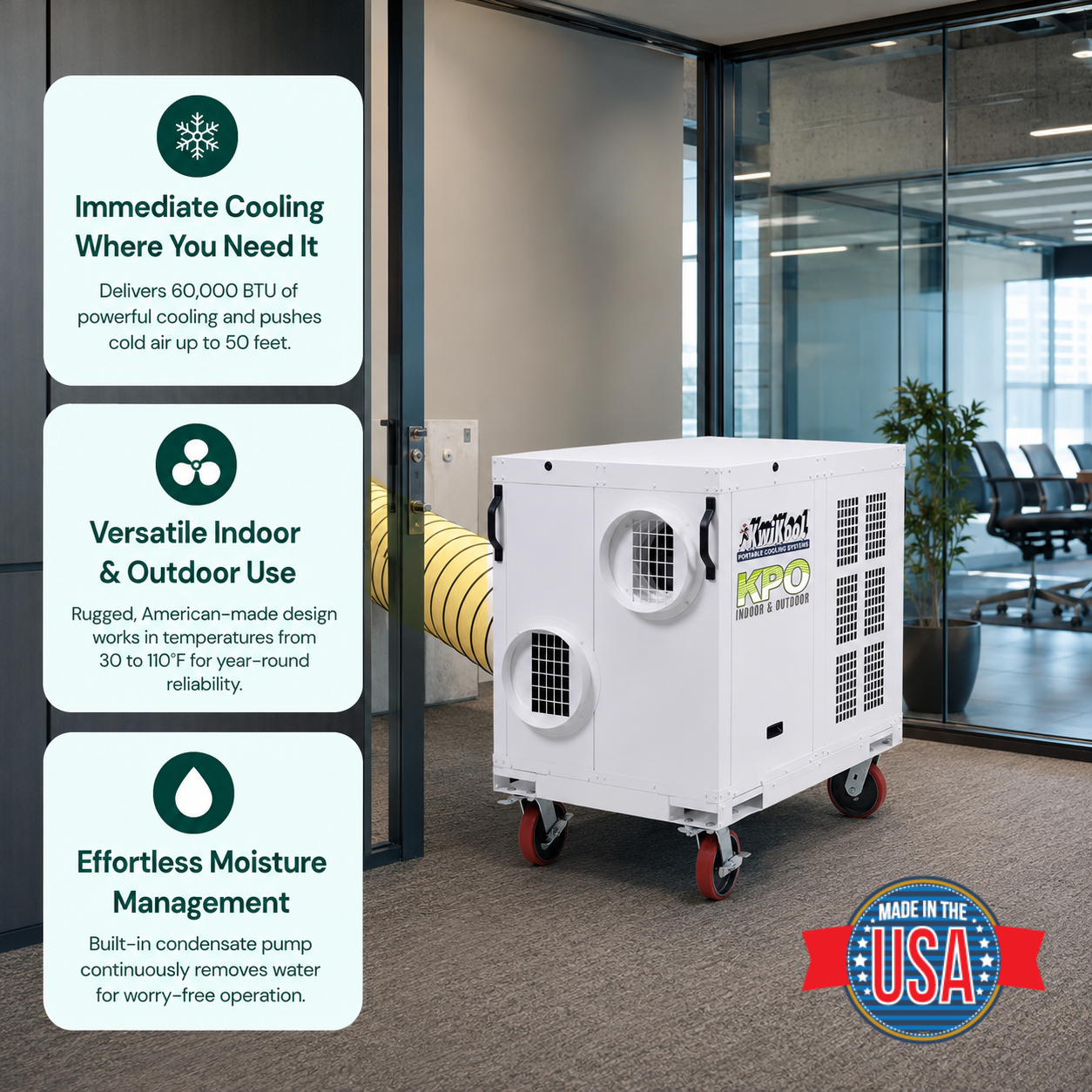 KwiKool 60,000 BTU 230V Indoor shown inside a modern office space. Three white feature callout panels on the left describe immediate cooling, indoor/outdoor versatility, and moisture management.