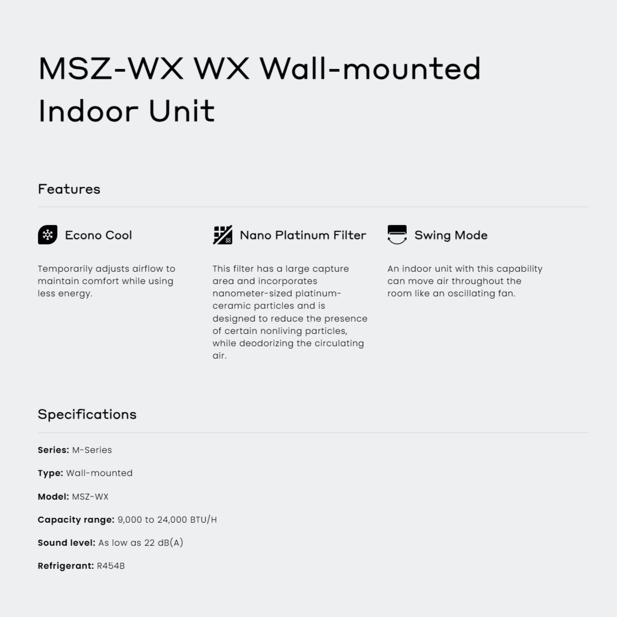 A technical specification sheet for the MSZ-WX WX Wall-mounted Indoor Unit, detailing features like Econo Cool, Nano Platinum Filter, and Swing Mode, along with capacity and sound level specifications.
