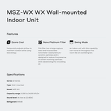 A technical specification sheet for the MSZ-WX WX Wall-mounted Indoor Unit, detailing features like Econo Cool, Nano Platinum Filter, and Swing Mode, along with capacity and sound level specifications.