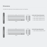 A dimensions diagram showing two air conditioner wall-mount unit options, labeled Variation 1 and Variation 2, with front and side views and bullet-point specifications for each.