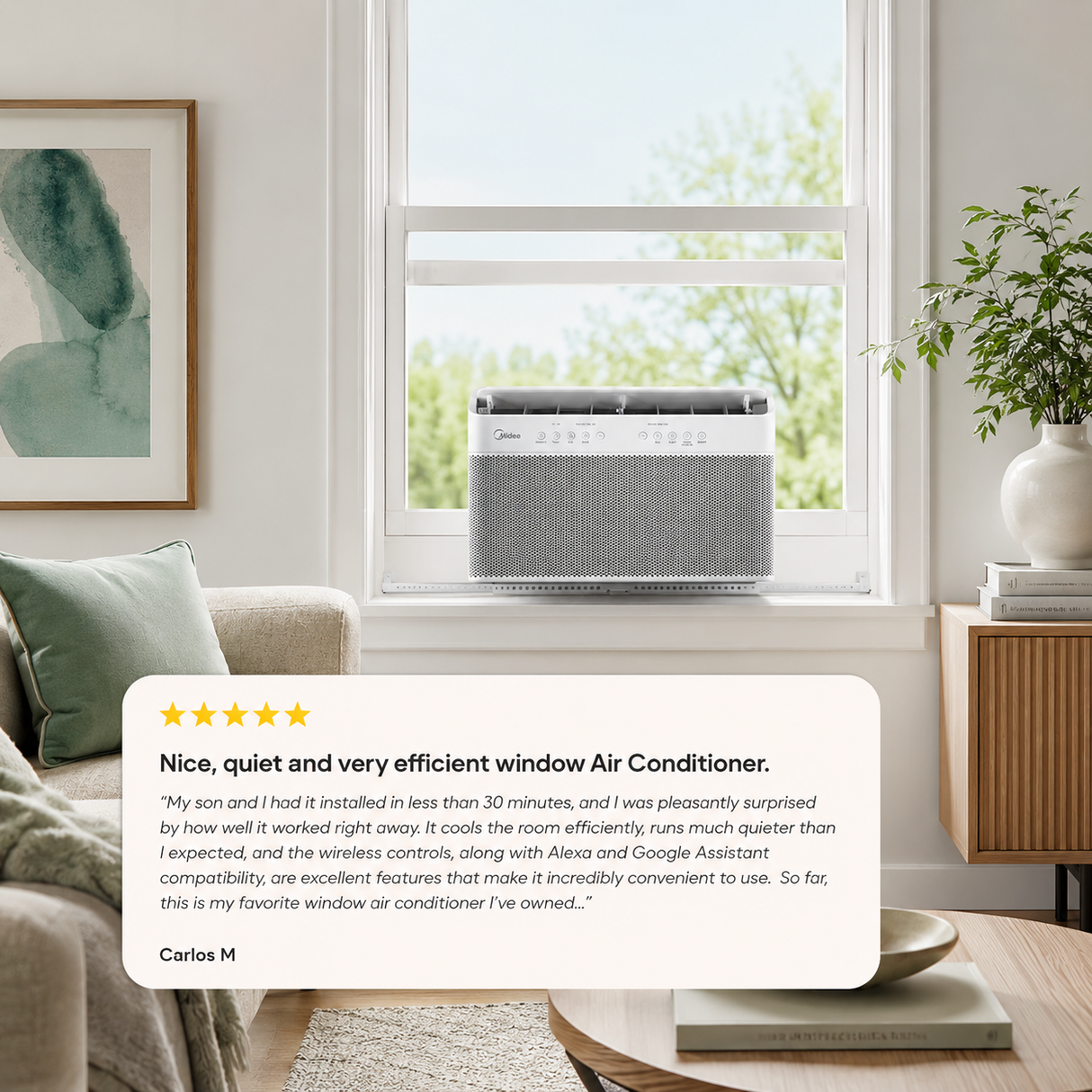 A window air conditioner placed on a white window sill in a bright living room, with a large white 5 star review card showing customer testimonial.