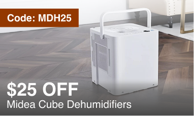 A white Midea Cube dehumidifier shown in a room setting on a wood floor, with promotional text reading '$25 OFF Midea Cube Dehumidifiers' and a code label 'Code: MDH25'.