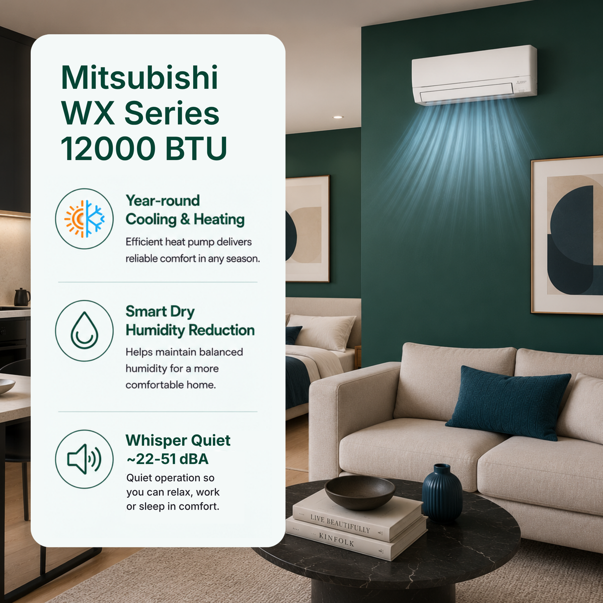 Promotional graphic for the Mitsubishi WX Series 12000 BTU air conditioner, showing a white product info card on the left with specifications and a modern living room on the right demonstrating the cool air projection from the wall-mounted unit.