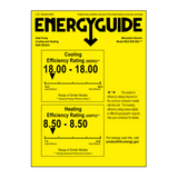 A yellow Mitsubishi Electric ENERGYGUIDE energy efficiency label for the MUIZ-WX12NL heat pump cooling and heating split system, featuring black text and arrows.