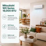 A Mitsubishi WX Series 18,000 BTU wall-mounted air conditioner shown installed in a bright living room. The image includes a large text panel on the left with product benefits like cleaner air, self-cleaning, and built-to-last durability.