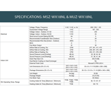 A specifications table for MSZ WX18N1L and MUZ-WX18N1L air conditioners, showing electrical, indoor unit, and operating temperature details in a clean, structured format.