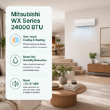 A promotional graphic for a Mitsubishi WX Series 24000 BTU wall-mounted air conditioner shown installed in a modern living room. The left side features a large white information panel with dark green text listing features like year-round cooling and heating, smart humidity reduction, and quiet operation.