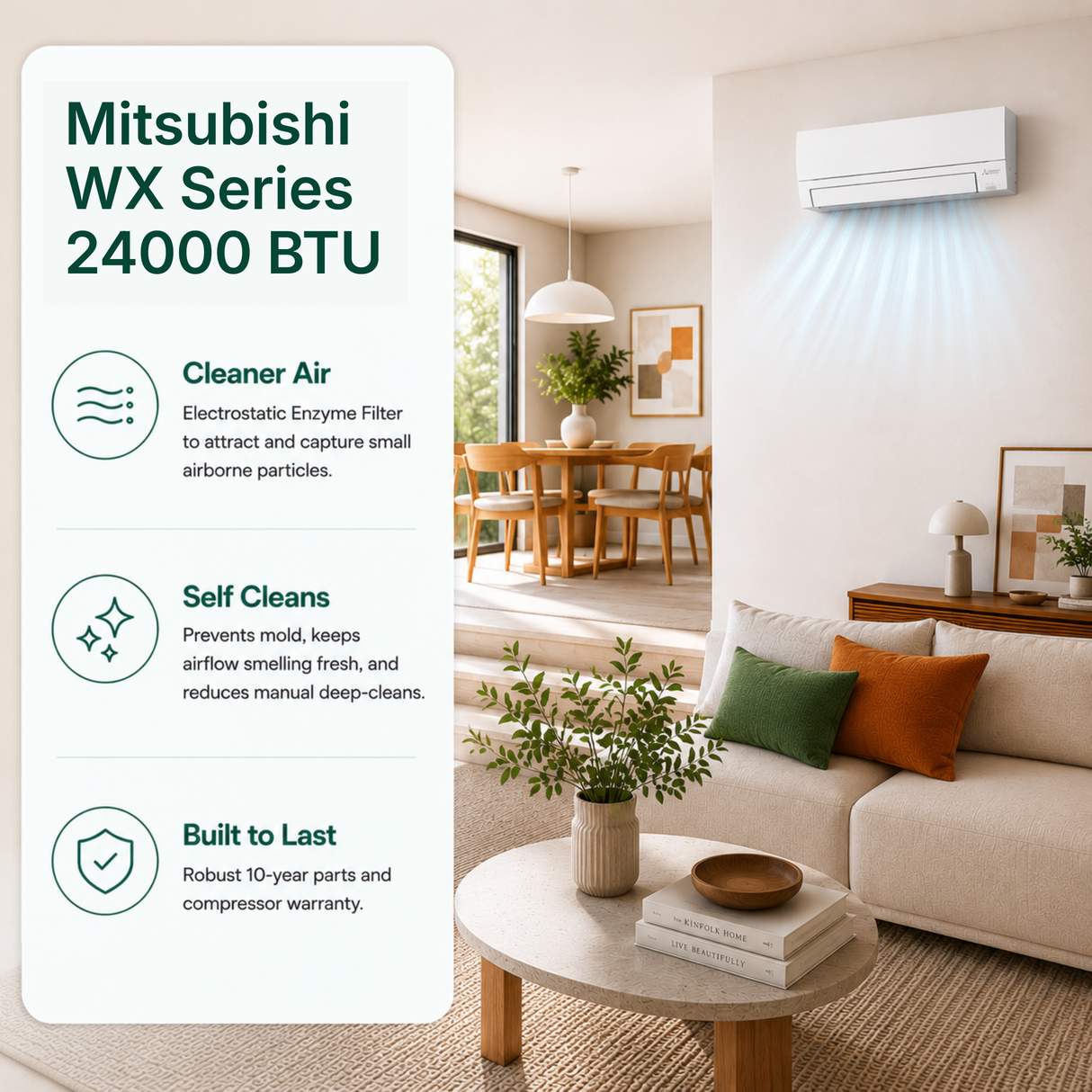 A Mitsubishi WX Series 24000 BTU wall-mounted air conditioner shown installed in a bright modern living room. The image includes a large text panel on the left highlighting features like cleaner air, self-cleaning, and built-to-last durability.