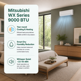 A promotional interior scene showing a Mitsubishi WX Series 9000 BTU air conditioner mounted on a wall in a modern living room. A large white text panel on the left lists product features: year-round cooling and heating, smart dry humidity reduction, and whisper quiet operation at 22-50 dBA.