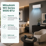 A promotional graphic for the Mitsubishi WX Series 9000 3000 BTU air conditioner, showing a white wall-mounted AC unit in a modern living room setting with text callouts about cleaner air, self-cleaning, and durability.