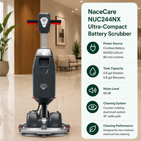 NaceCare NUC244NX Ultra-Compact Battery Scrubber features	Cordless Battery (NX300 Lithium, 80-min runtime),	0.6 gal (Solution) / 0.8 gal (Recovery),	68 dB,	Counter-rotating dual brush system covering an 18" width path. Designed for low-moisture chemical-free cleaning.																					