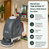 NaceCare TGB 817NX 17" Battery Walk Behind Scrubber shown in a bright indoor showroom, with a large white information panel on the right listing features and specs.