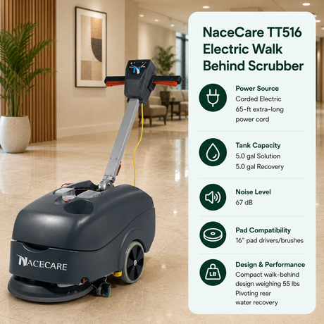 NaceCare TT516 Electric Walk Behind Scrubber features Corded Electric (65-ft extra-long power cord),	5.0 gal (Solution) / 5.0 gal (Recovery),	67 dB,	16" pad drivers/brushes. Compact walk-behind design weighing 55 lbs with pivoting rear water recovery.																					