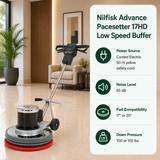 Nilfisk Advance Pacesetter 17HD or 20HD Low Speed Buffer	features Corded Electric (50-ft yellow safety cord), 65 dB,	17" or 20"scrubbing and stripping pads. Heavy cast-metal frame contributes 100 or 102 lbs of passive down pressure.																					