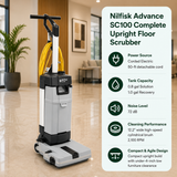 Nilfisk Advance SC100 Complete Upright Floor Scrubber features Corded Electric (50-ft detachable cord)	0.8 gal (Solution) / 1.0 gal (Recovery),	72 dB,	12.2" wide high-speed cylindrical brush. 2,100 RPM. Compact upright build with under-4-inch low furniture clearance.																			
