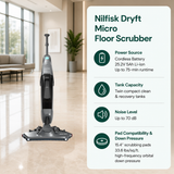 Nilfisk Dryft Micro Floor Scrubber features	Cordless Battery (25.2V 5Ah Li-ion; up to 75-min runtime) Twin compact clean & recovery tanks Up to 70 dB 15.4" scrubbing pads. 33.6 lbs/sq.ft. high-frequency orbital down pressure.