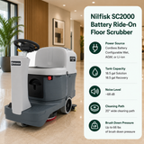 Nilfisk SC2000 Battery Ride-On Floor Scrubber features Cordless Battery (Configurable Wet, AGM, or Li-ion), 18.5 gal (Solution) / 18.5 gal (Recovery), ~68 dB, 20" wide cleaning path. Heavy duty micro-rider platform yielding up to 66 lbs of brush down pressure.																					