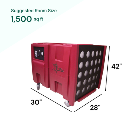 Red air mover with dimensions labeled on a white background