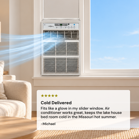 A Perfect Aire 10,000 BTU Casement Window Air Conditioner installed on a large window in a bright living room, with blue airflow graphics showing cool air streaming out. A beige sofa is visible on the left, and a review card at the bottom reads 'Cold Delivered' with a five-star rating and customer testimonial.