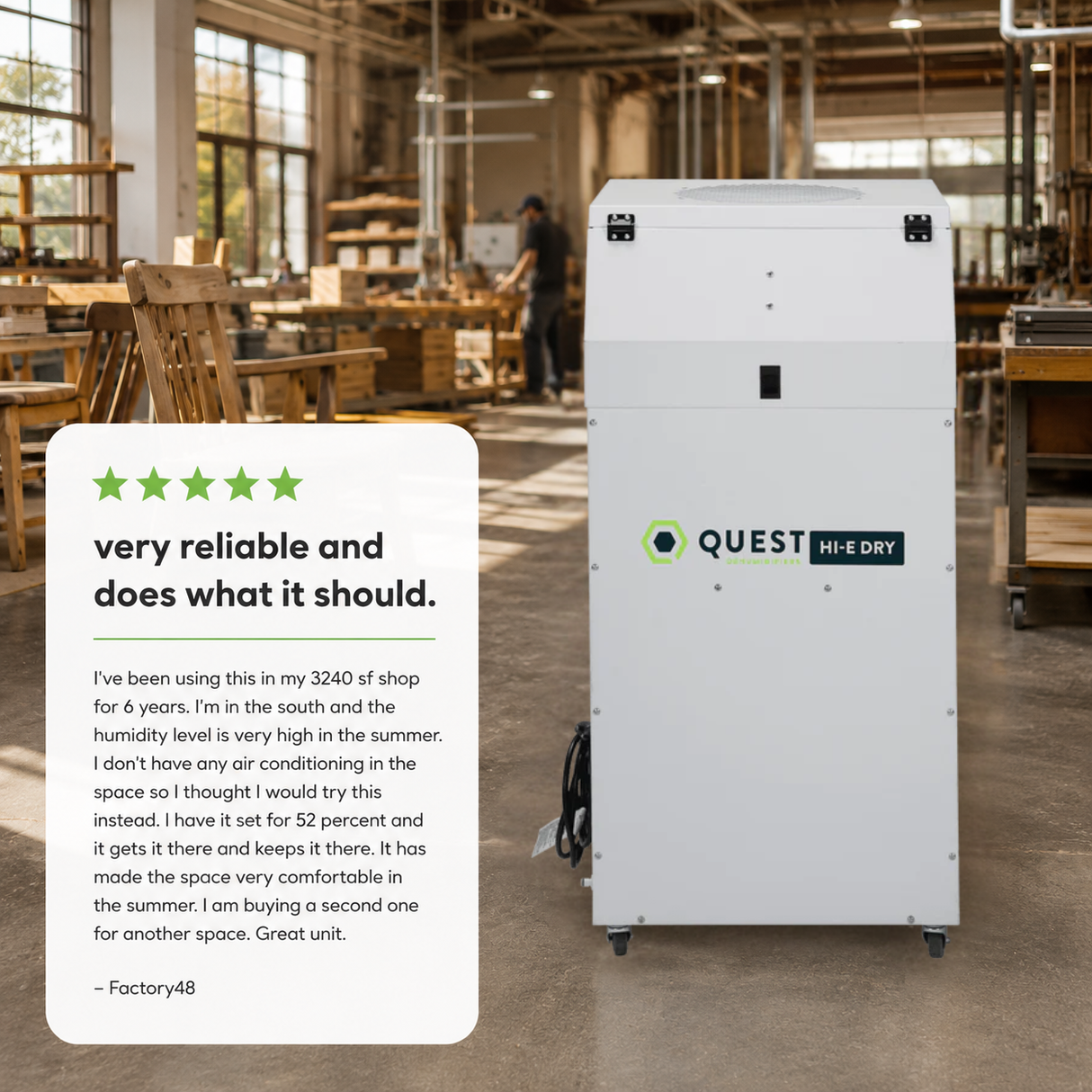 A Quest Hi-E Dry 195 Dehumidifier on wheels, shown in a warehouse setting with a customer review card overlaid on the left side.