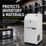 Quest Hi-E Dry 195 Dehumidifier in locker room with text "Protects Inventory and Materials"