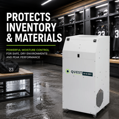 Quest Hi-E Dry 195 Dehumidifier in locker room with text "Protects Inventory and Materials"