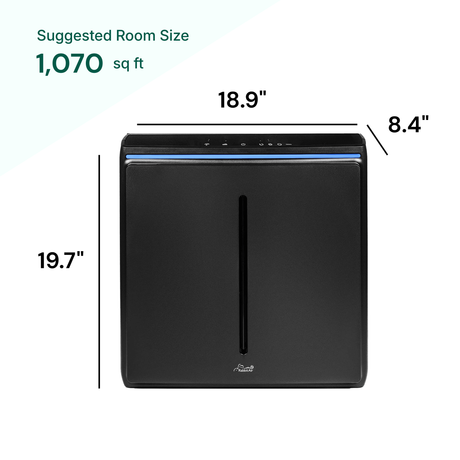 Black air purifier with dimensions labeled on a white background