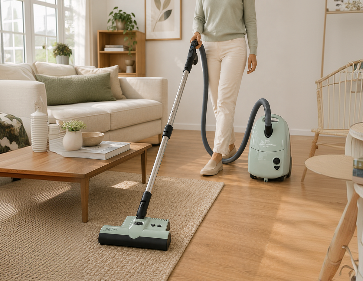 A woman in a living room uses a SEBO Airbelt E3 Premium Dual Control Handle Canister Vacuum. The vacuum is mint green and black, positioned on a light wood floor next to a beige rug.