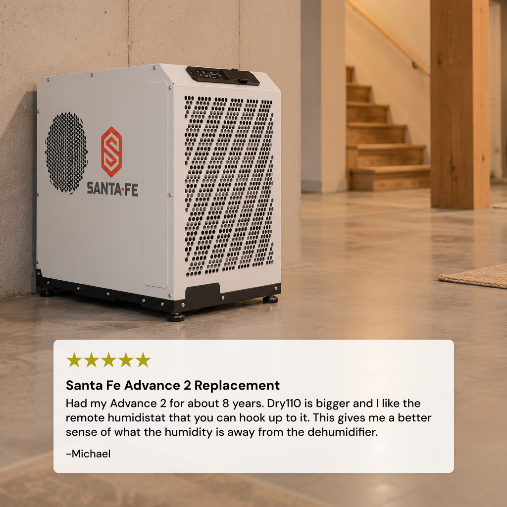 A Santa Fe Advance Dry 110 dehumidifier placed against a concrete wall in a home interior, with a product 5 star review card overlaid at the bottom.