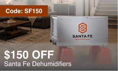 A Santa Fe Dehumidifier shown in a staged living room setting, with promotional text reading 'Code: SF150', '$150 OFF', and 'Santa Fe Dehumidifiers'. 