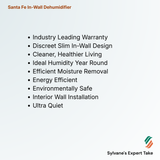 Santa Fe In-Wall Dehumidifier
Industry Leading Warranty
Discreet Slim In-Wall Design
Cleaner, Healthier Living
Ideal Humidity Year Round
Efficient Moisture Removal
Energy Efficient 
Environmentally Safe
Interior Wall Installation
Ultra Quiet 
