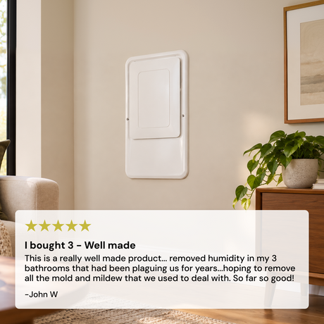 A white wall-mounted Santa Fe In-Wall Dehumidifier (UltraMD33) panel shown in a styled interior, with a large review overlay at the bottom containing a five-star rating and customer text I bought 3 - well made.